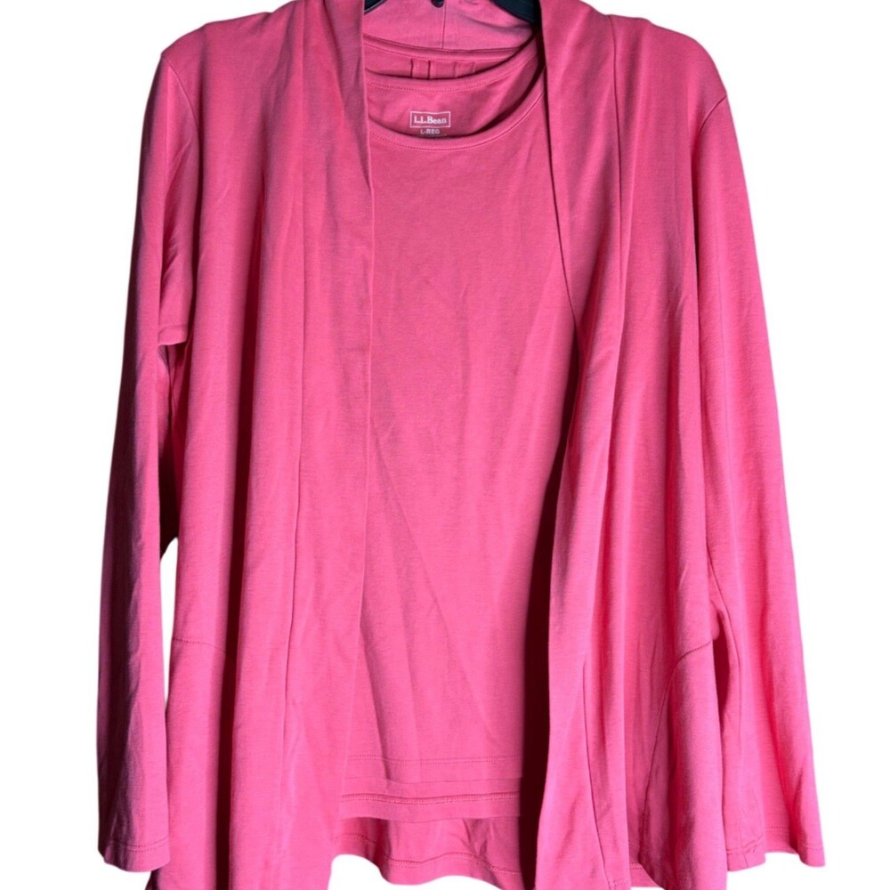 LL Bean Open Front Cardigan Tank Set 2 Women L Pink Supima Cotton Pocket
